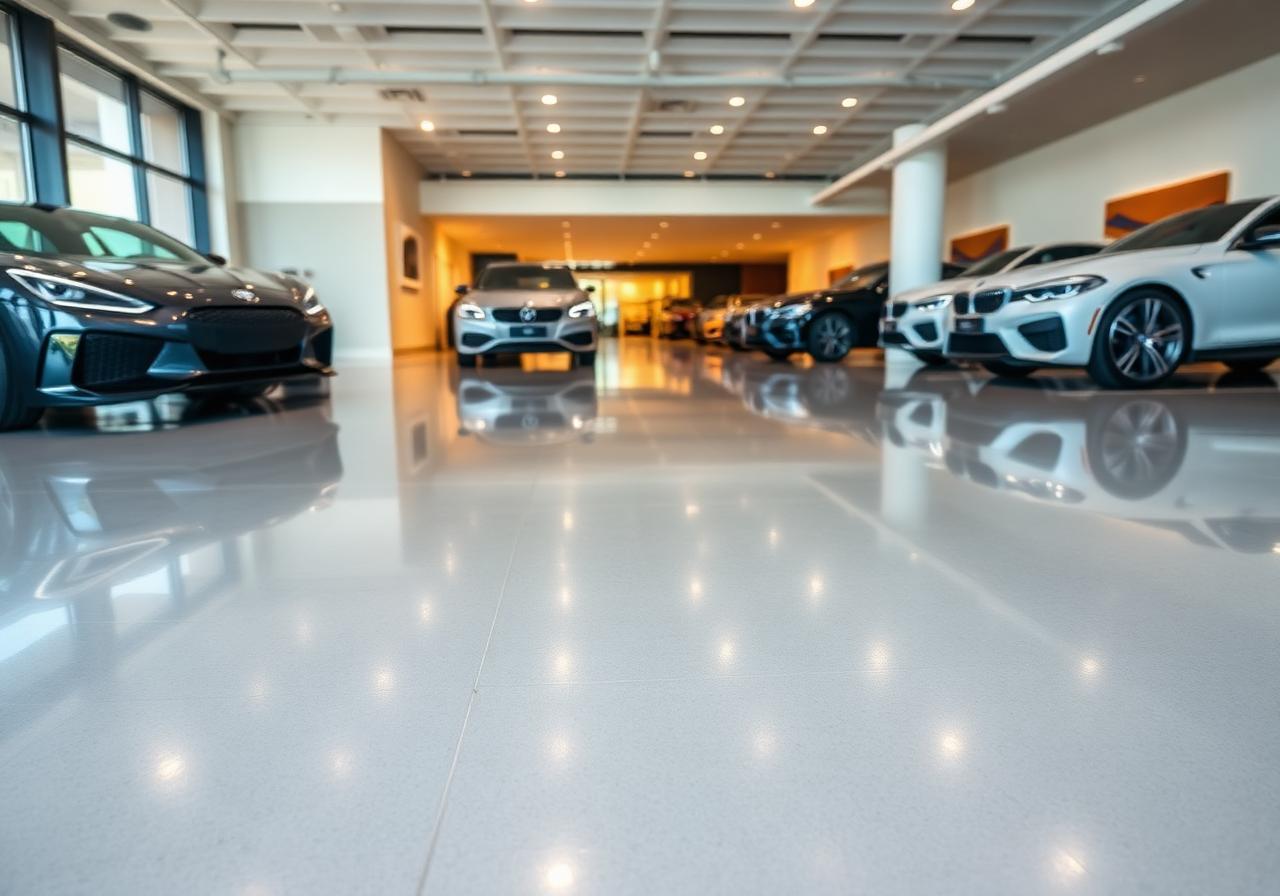 Showroom de concessionária com piso epóxi autonivelante